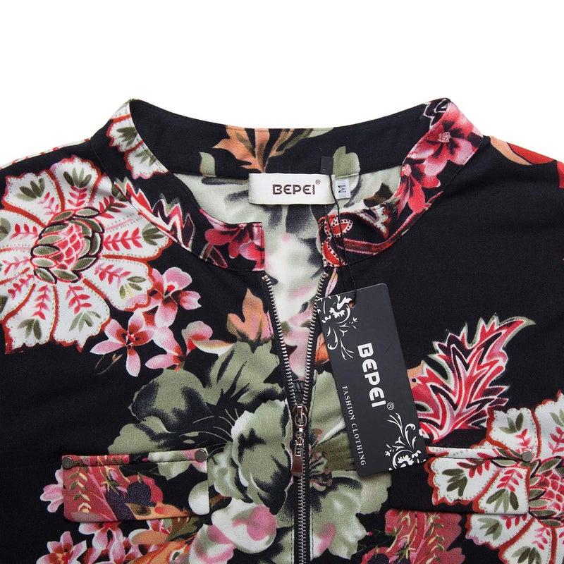 BEPEI Womens Tunics 3/4 Sleeves,Juniors Lightweight Zipper Henley V Neck A Line Chiffon Tops Chic Soft Tee Shirt Pocket Button up Decoration Blouses Floral Boutique Clothing,Black Green XL - Image 4